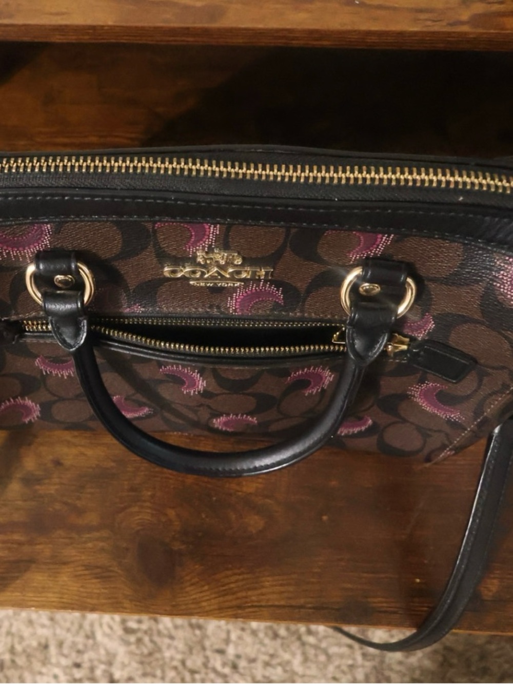 COACH Rowen Brown Signature Satchel with moon prints and Black Trim - Picture 5 of 14
